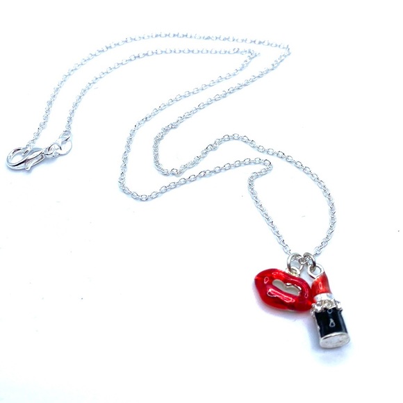 Lips And Lipstick Necklace Silver Tone Rhinestones Makeup Artist - Picture 5 of 7